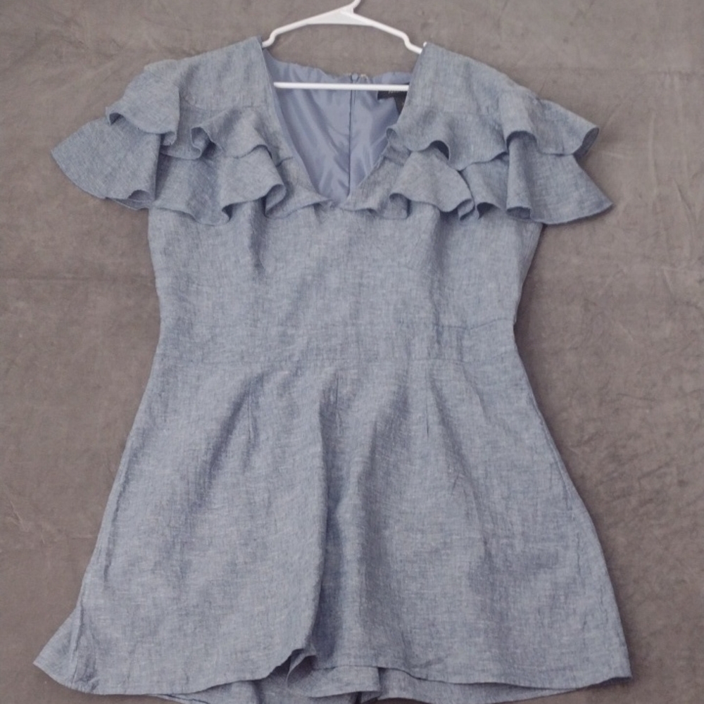 Size 14 Ashley Stewart Blue  Linen Cotton  Jumpsuit Romper Short Sleeve Ruffled